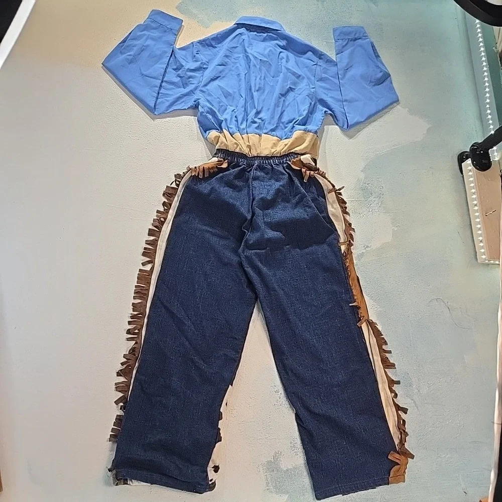 VTG Kids Cowboy Costume 8-10Y Western Woody‎ Denim Jumpsuit Chaps Cow Toy Story